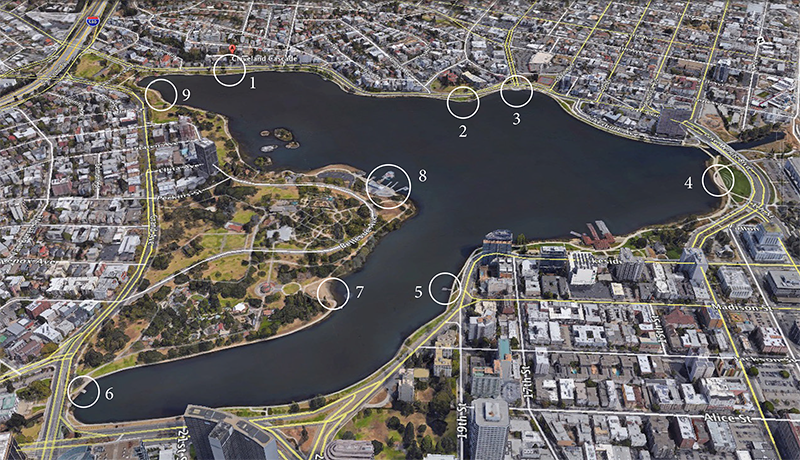 Map of nine Oakland's Got HeART! sites around Lake Merritt
